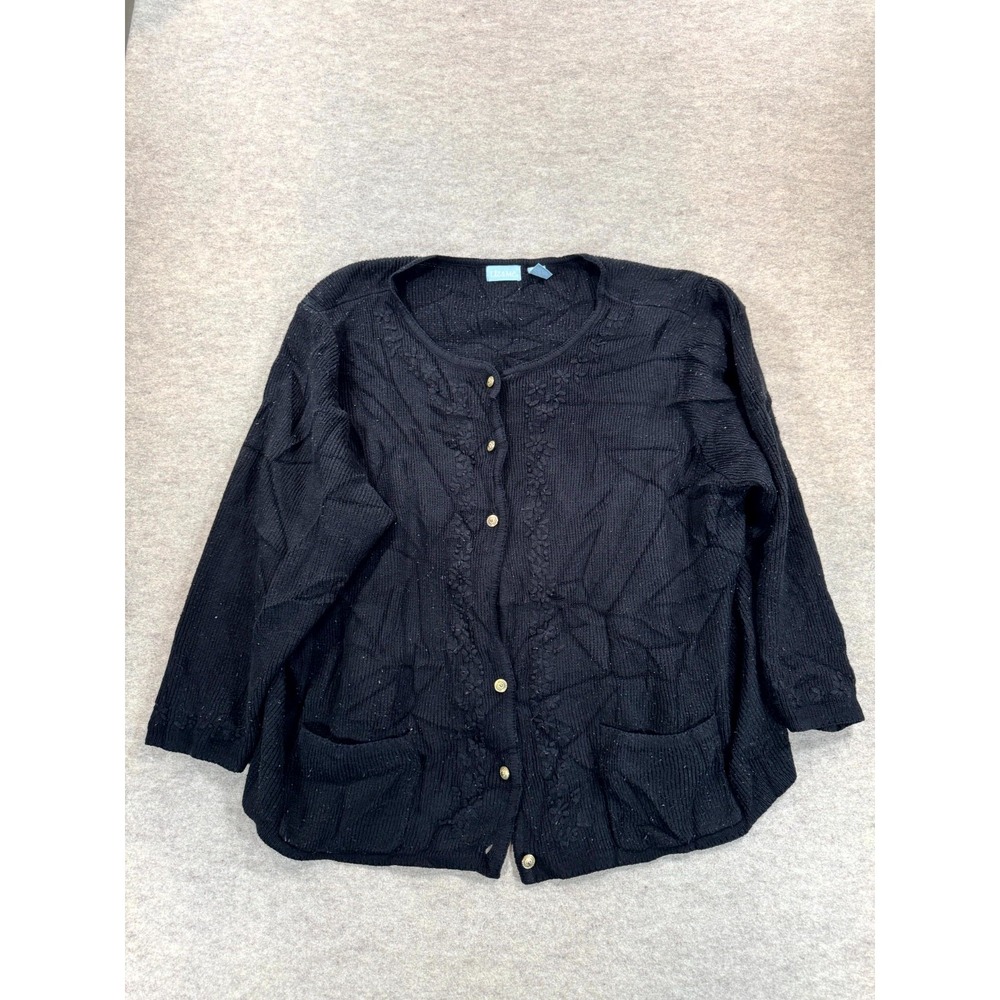 Vintage Liz & Me Cardigan Sweater Womens 3X 26/28 Black Floral Button Front